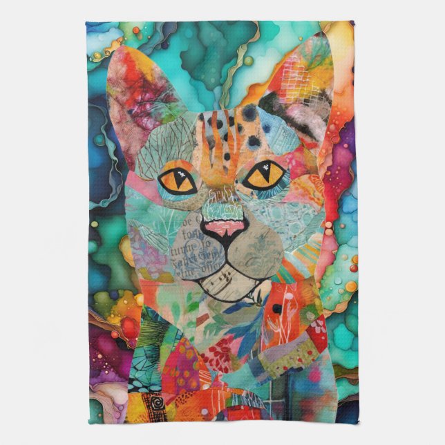 Colorful Mixed Media Paper Cat Kitchen Towel (Vertical)