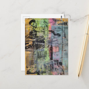 Colorful Mixed Media Retro Woodworking Men  Postcard