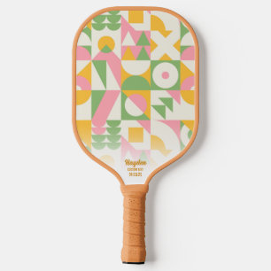 Colorful Mod Geometric Retro Pattern Custom Text Pickleball Paddle