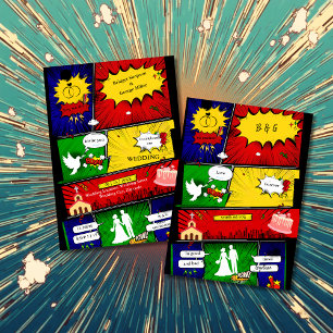 colorful modern fun retro comic wedding story invitation