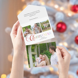 Colorful Modern Merry Christmas Script 3-Photo All In One Invitation