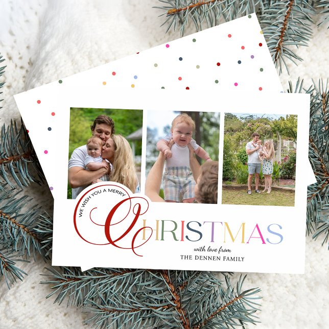 Colorful Modern Merry Christmas Script 3-Photo Holiday Card (Creator Uploaded)