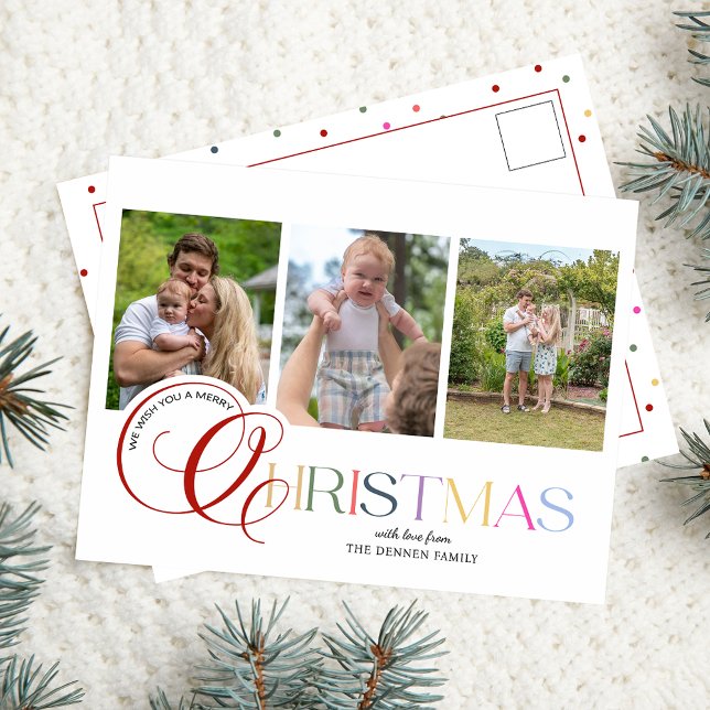 Colorful Modern Merry Christmas Script 3-Photo Holiday Postcard (Creator Uploaded)