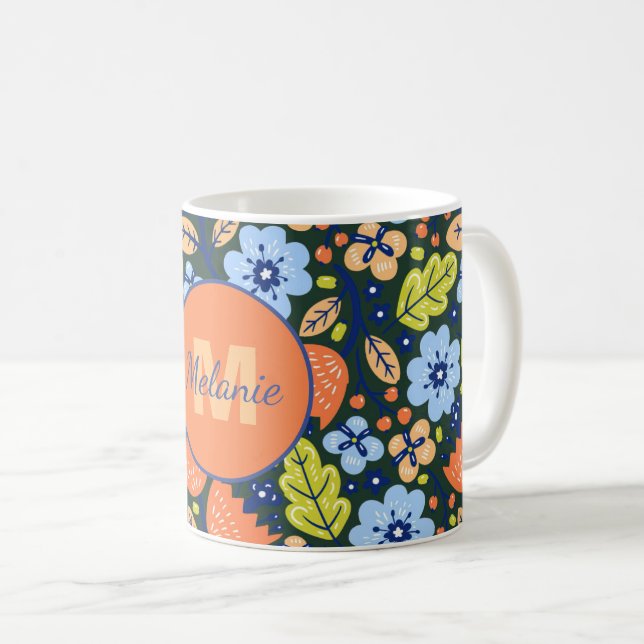 Colorful Modern Pretty Flower Pattern Personalised Coffee Mug (Front Right)