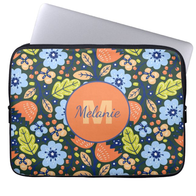 Colorful Modern Pretty Flower Pattern Personalised Laptop Sleeve (Front)