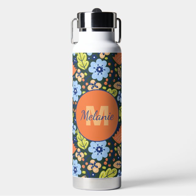 Colorful Modern Pretty Flower Pattern Personalised Water Bottle (Front)