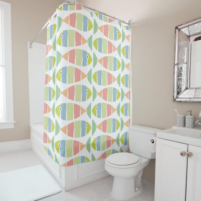 Colorful Modern Striped Fish Pattern Shower Curtain (In Situ)