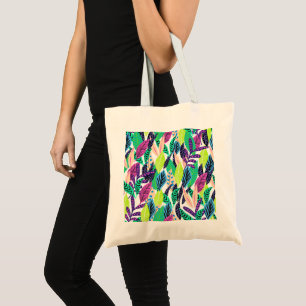 Colorful Modern Tropical Forest Leaves Pattern Tote Bag