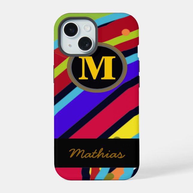Colorful monogram abstract cool iPhone 15 case (Back)