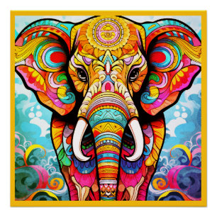 Colorful Mosaic Elephant on a Glossy Wall Poster