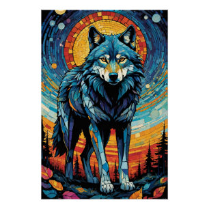 Colorful Mosaic Illustration of Majestic Wolf Poster