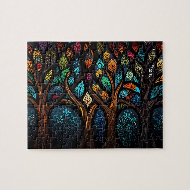 Colorful Mosaic Stained Glass Tree effect design Jigsaw Puzzle (Horizontal)