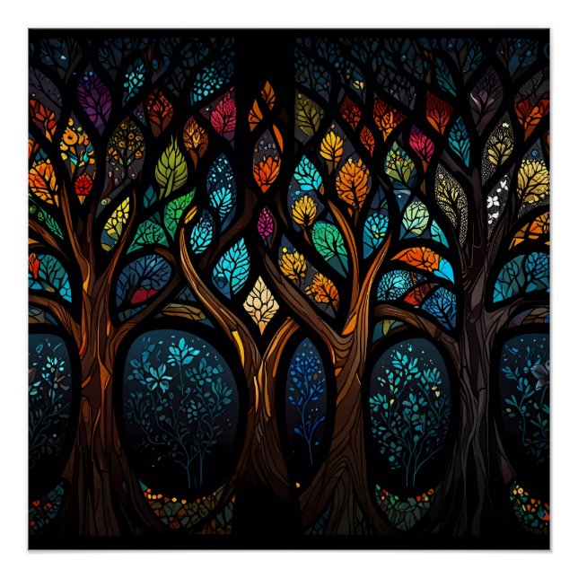 Colorful Mosaic Stained Glass Tree effect design Poster (Front)