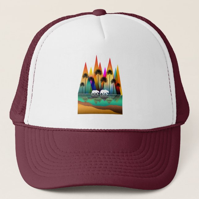 COLORFUL MOUNTAIN BEAR PALM TREES OCEAN TRUCKER HAT (Front)