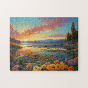 Colorful Mountain Lake Flowers Art Jigsaw Puzzle