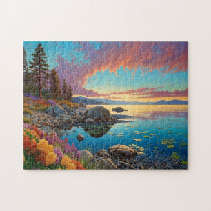 Colorful Mountain Lake Flowers Art Jigsaw Puzzle