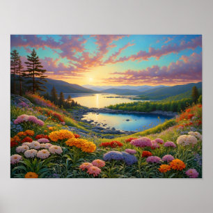 Colorful Mountain Lake Flowers Art Poster