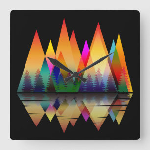 COLORFUL MOUNTAINS SHAPES NATURE FOREST  SQUARE WALL CLOCK