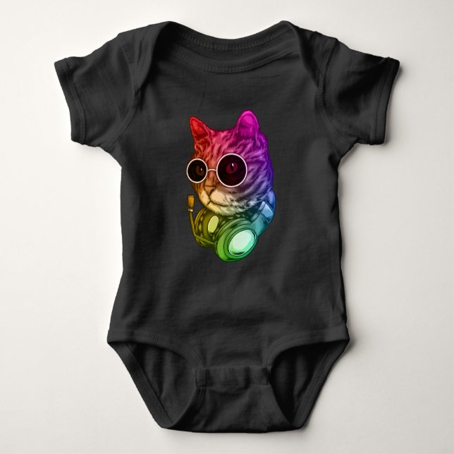 Colorful Music Cat Headphones Raver Animal Baby Bodysuit (Front)