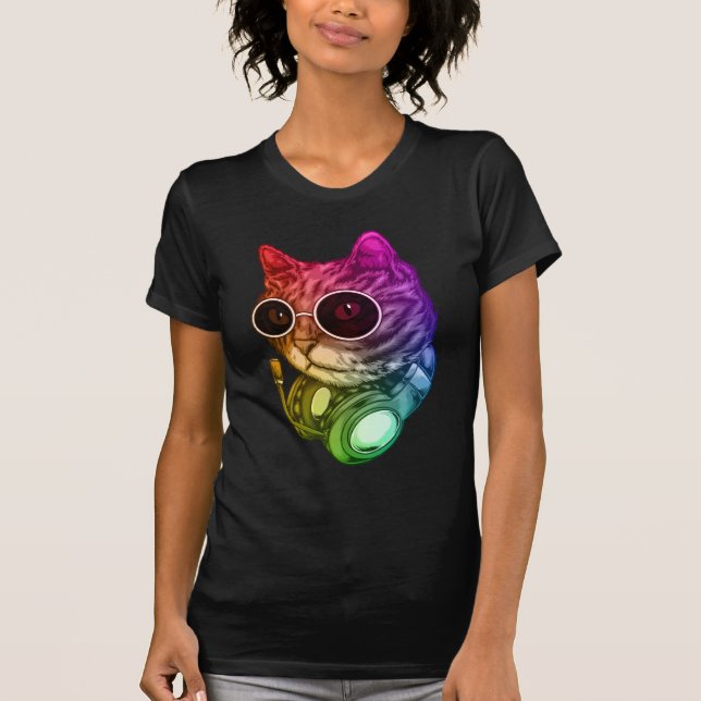 Colorful Music Cat Headphones Raver Animal T-Shirt (Front)