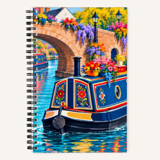 Colorful Narrowboat Canal Village Softcover Notebook