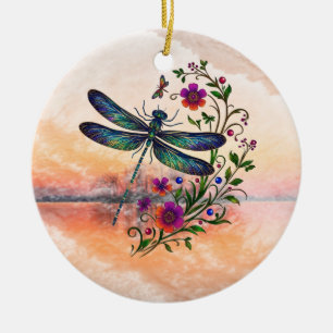 Colorful Nature Vibrant Dragonfly Floral Art Ceramic Tree Decoration