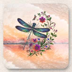 Colorful Nature Vibrant Dragonfly Floral Art Coaster