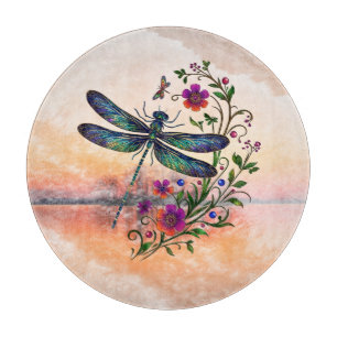 Colorful Nature Vibrant Dragonfly Floral Art Cutting Board