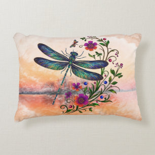Colorful Nature Vibrant Dragonfly Floral Art  Decorative Cushion