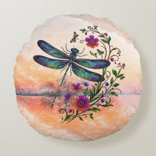 Colorful Nature Vibrant Dragonfly Floral Art  Round Cushion
