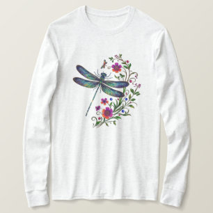 Colorful Nature Vibrant Dragonfly Floral Art  T-Shirt