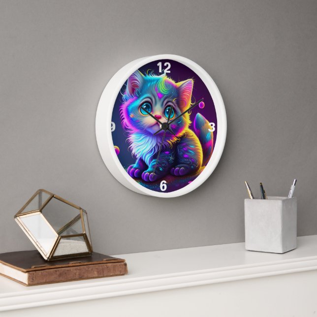 COLORFUL NEON BLUE EYE KITTEN CLOCK (Office)