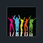 Colorful Neon Dancing Silhouettes Retro Party 15 Cm Square Badge<br><div class="desc">Add a burst of retro energy to your jacket, bag, or lanyard with this neon dancing silhouettes button. Featuring five bright dancers in pink, blue, yellow, orange, and green against a solid black background, this pin captures a fun 80s and 90s nightclub vibe. The mirrored reflection at the bottom adds...</div>