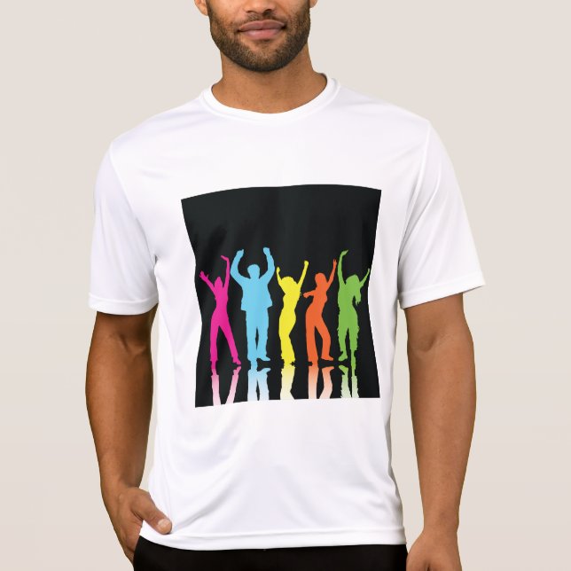 Colorful Neon Dancing Silhouettes Retro Party T-Shirt (Front)