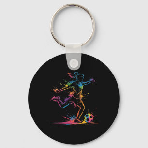 Colorful Neon Girl Soccer Art Splash Sport Design Key Ring