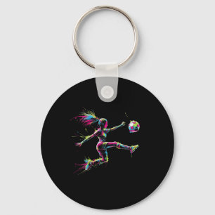 Colorful Neon Girl Soccer Art Splash Sport Design Key Ring