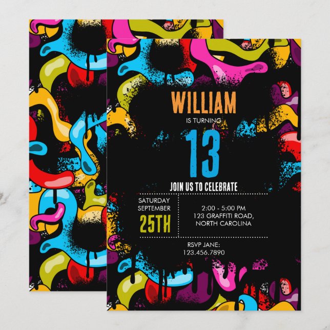 Colorful Neon Graffiti Hip Hop Street Art Birthday Invitation (Front/Back)