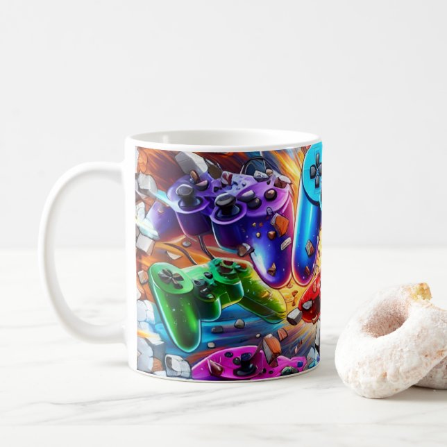 Colorful Neon Joysticks Pattern Coffee Mug (With Donut)