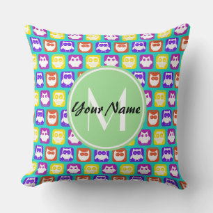 Colorful Neon Owl Custom Monogram, Personalized Cushion