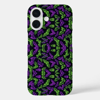 Colorful Neon Purple Green Bats Halloween iPhone 16 Case