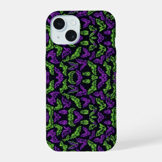 Colorful Neon Purple Green Bats Halloween iPhone 15 Case