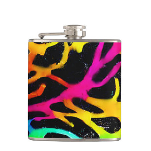 Colorful neon splatter paint design hip flask