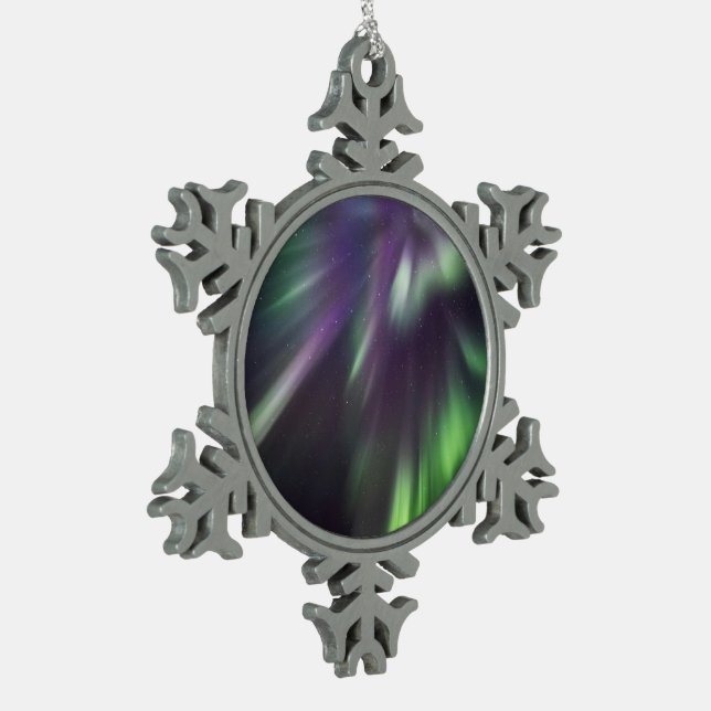 Colorful Northern Lights Snowflake Pewter Christmas Ornament (Left)