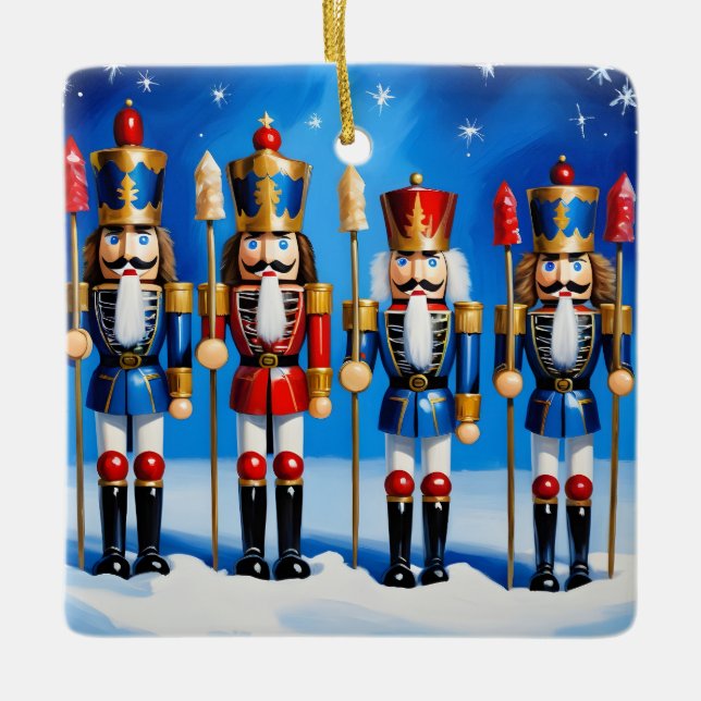 Colorful nutcrackers scene ceramic ornament (Front)