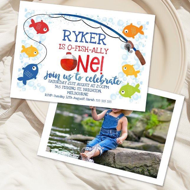 Colorful Ofishally One Fishing Bobber 1st Birthday Invitation (Colorful Ofishally One 1st Birthday Invitation, O-fish-ally One Invitation, Fishing Birthday Invite)