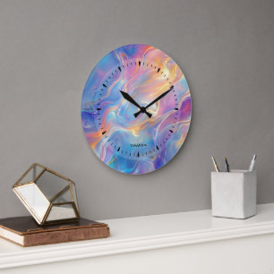 Colorful opal swirly flowing marble texture large clock