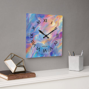 Colorful opal swirly flowing marble texture square wall clock
