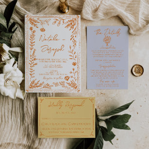 Colorful Orange Hand Drawn Floral Garden Wedding Invitation