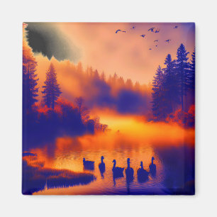 Colorful Orange Sunset With Ducks On A Pond Magnet