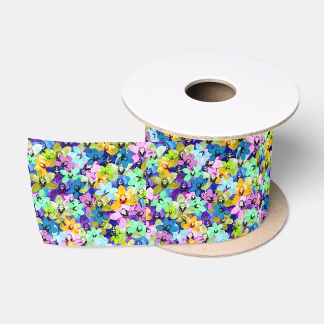Colorful Orchids Water Color, Satin Ribbon (Spool)